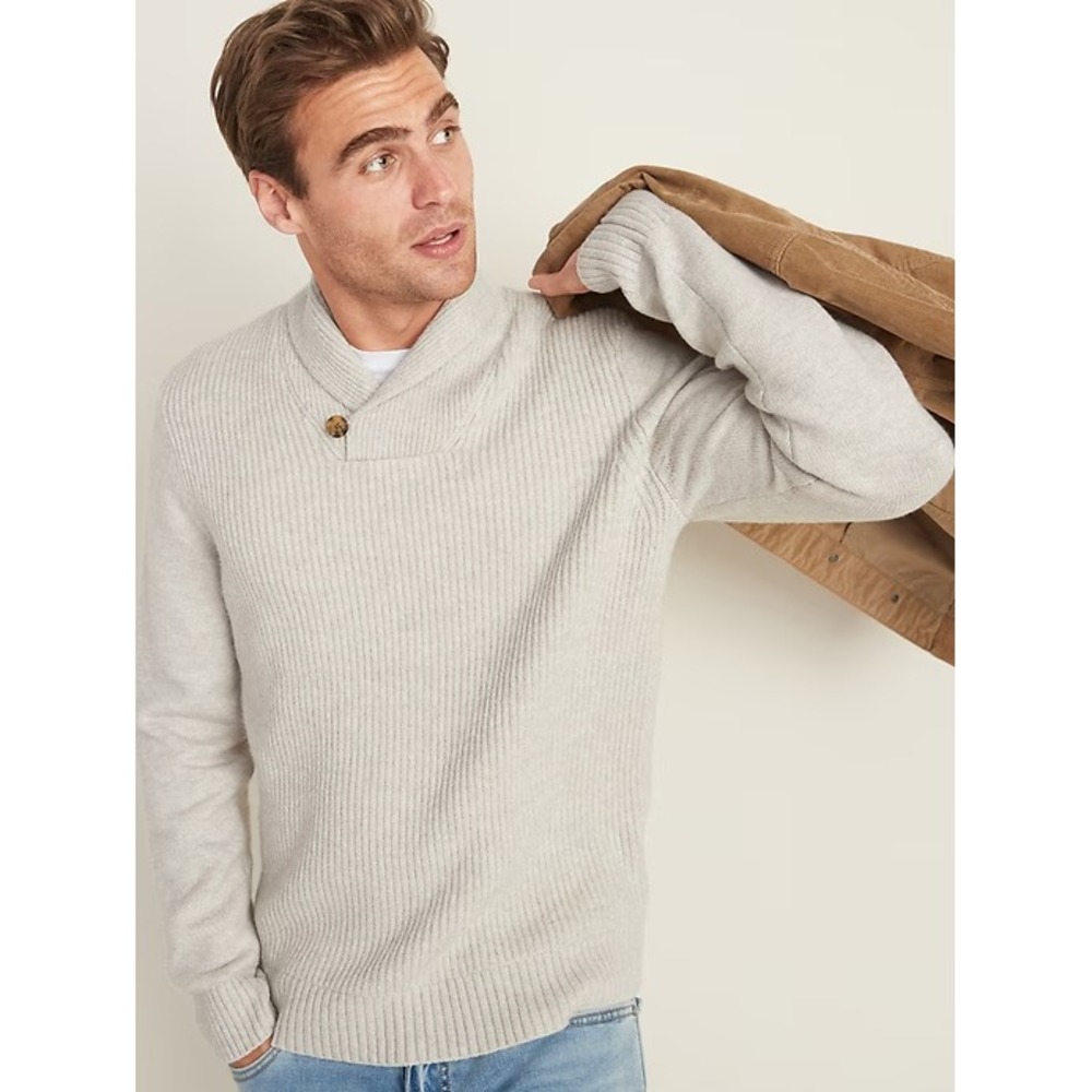 Old Navy Shawl Collar Sweater Mens L Tan/Beige Shaker Stitch Knit Old Money